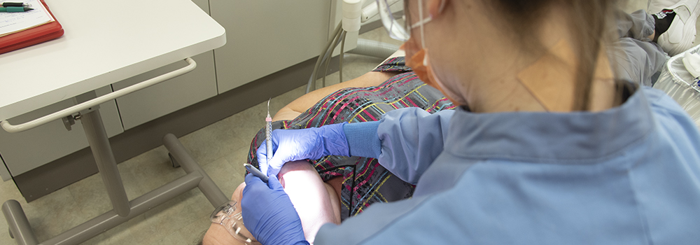 a photo of a student performing a dental hygiene exam