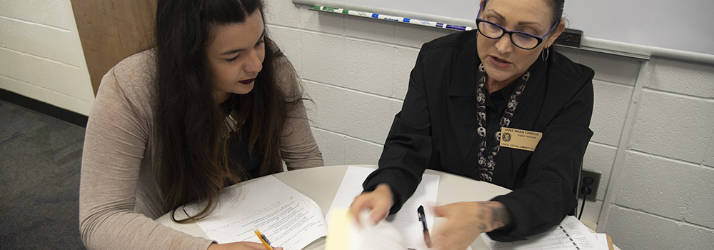 An English instructor assisting a student in the Writer's Center