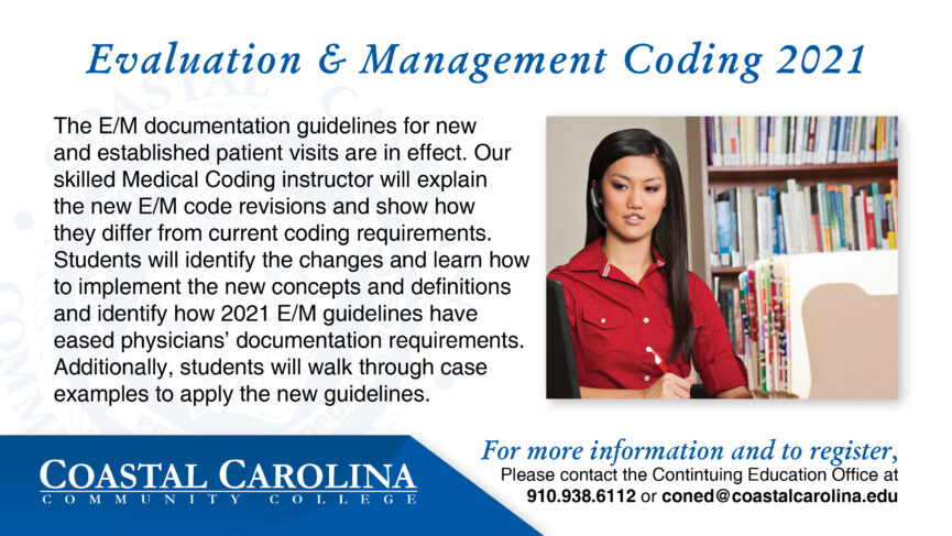 A flyer with an image of a medical coding professional working at a desk and computer, with a shelf full of coding files behind her.