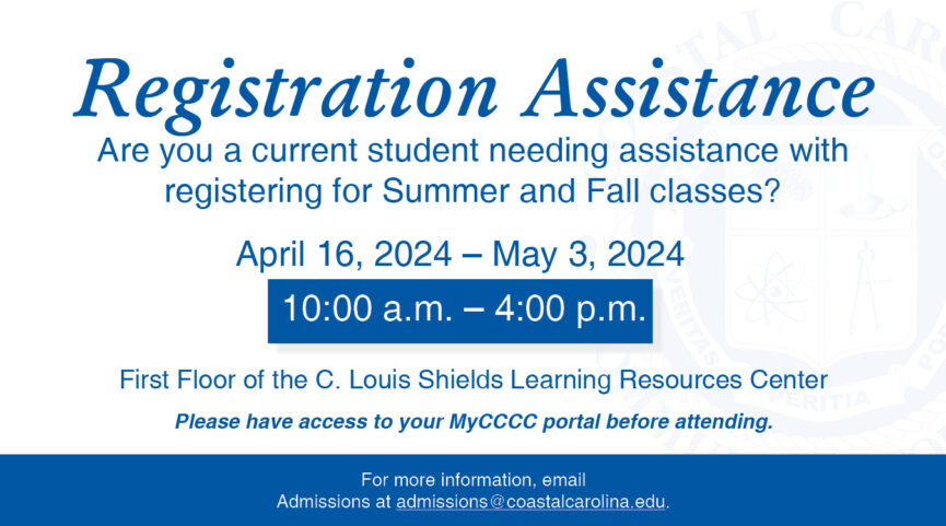 Registration Assistance Are you a current student needing assistance with registering for Summer and Fall classes? April 16, 2024-May 3, 2024 10AM-4PM 1st Floor of the C. Louis Shields Learning Resources Center.