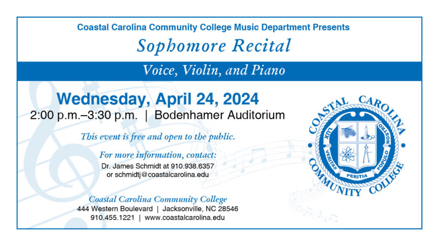 Sophomore Recital - Voice, Violin, and Piano April 24, 2024 | 2:00PM-3:30PM | Bodenhamer Auditorium Fine Arts Building For more information, contact: Dr. James Schmidt at 910.938.6357