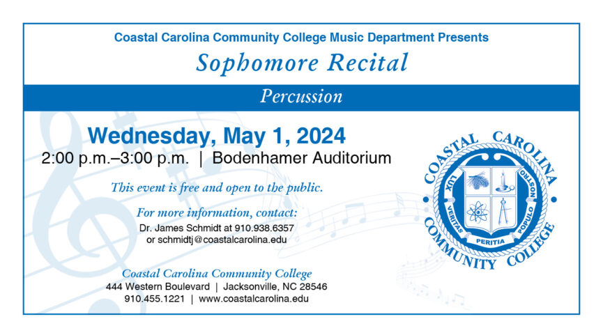 Sophomore Recital - Percussion May 1, 2024 | 2:00PM-3:00PM | Bodenhamer Auditorium Fine Arts Building For more information, contact: Dr. James Schmidt at 910.938.6357